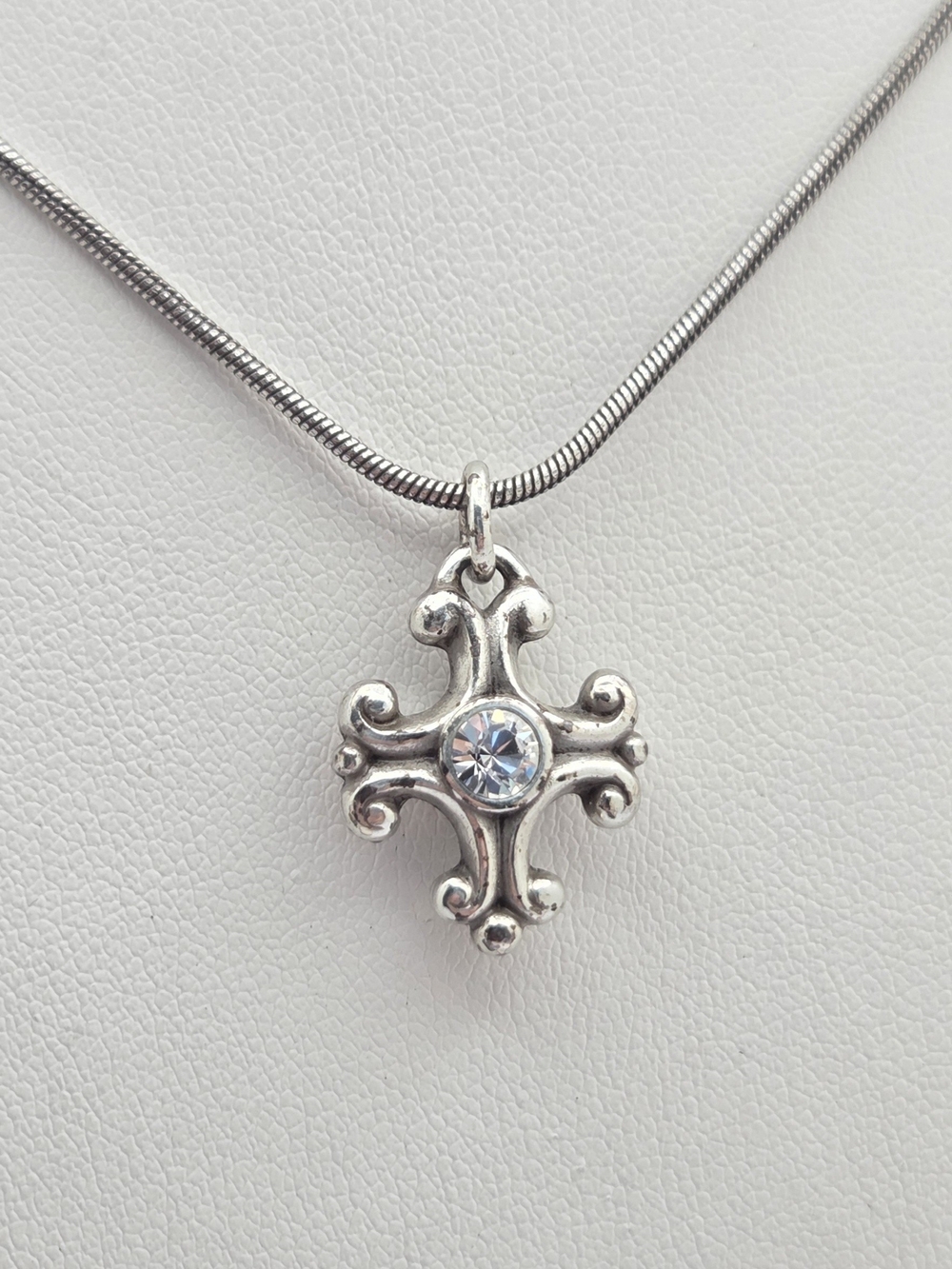 Brighton Silver Tone Solitaire Rhinestone Cross Pendant Snake Chain Necklace